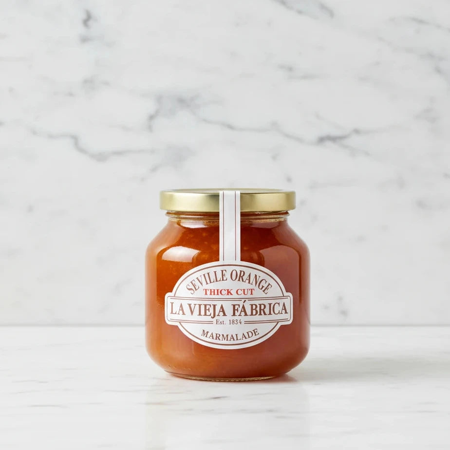 Jar of Seville Orange Thick Cut Marmalade with 'La Vieja Fábrica' label on a white background