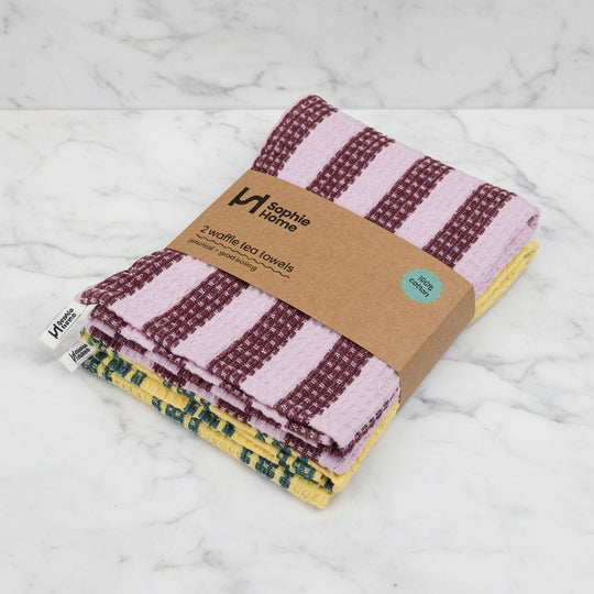Striped Burgundy Cotton Waffle Tea Towel