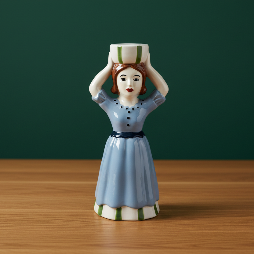 Ceramic figure of a woman in a blue dress holding a white container on her head against a white background