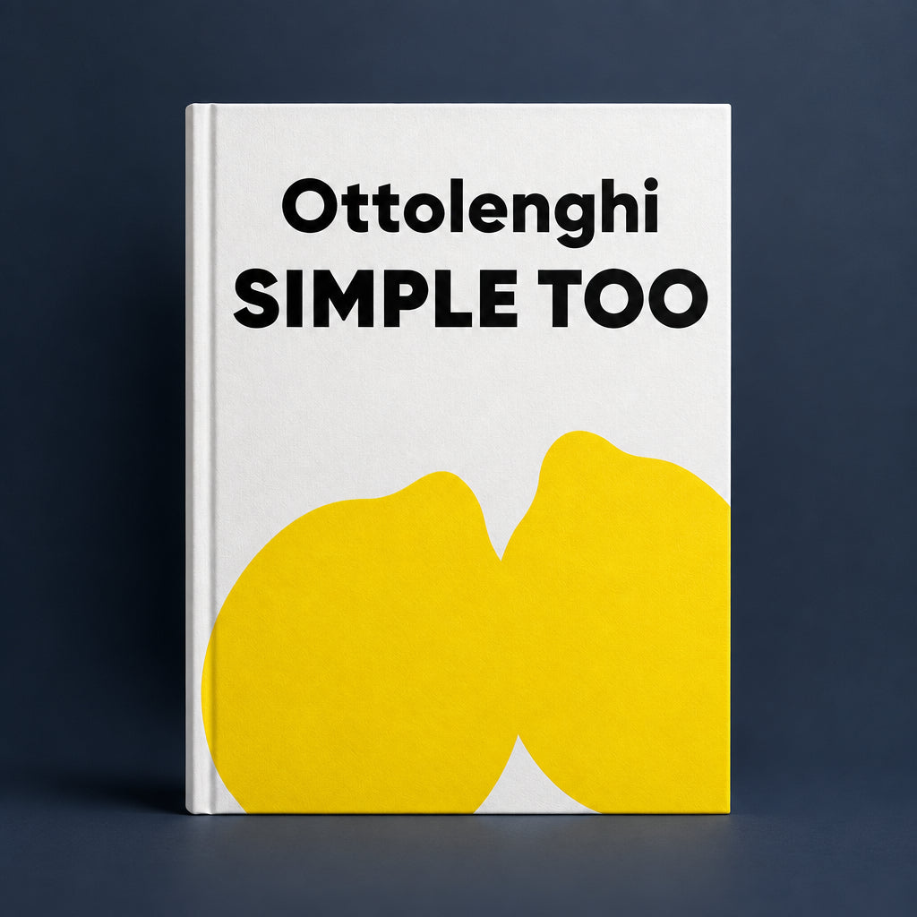 A minimalist graphic with the text 'Ottolenghi SIMPLE TOO' in black on a white background, with two large yellow abstract shapes at the bottom.