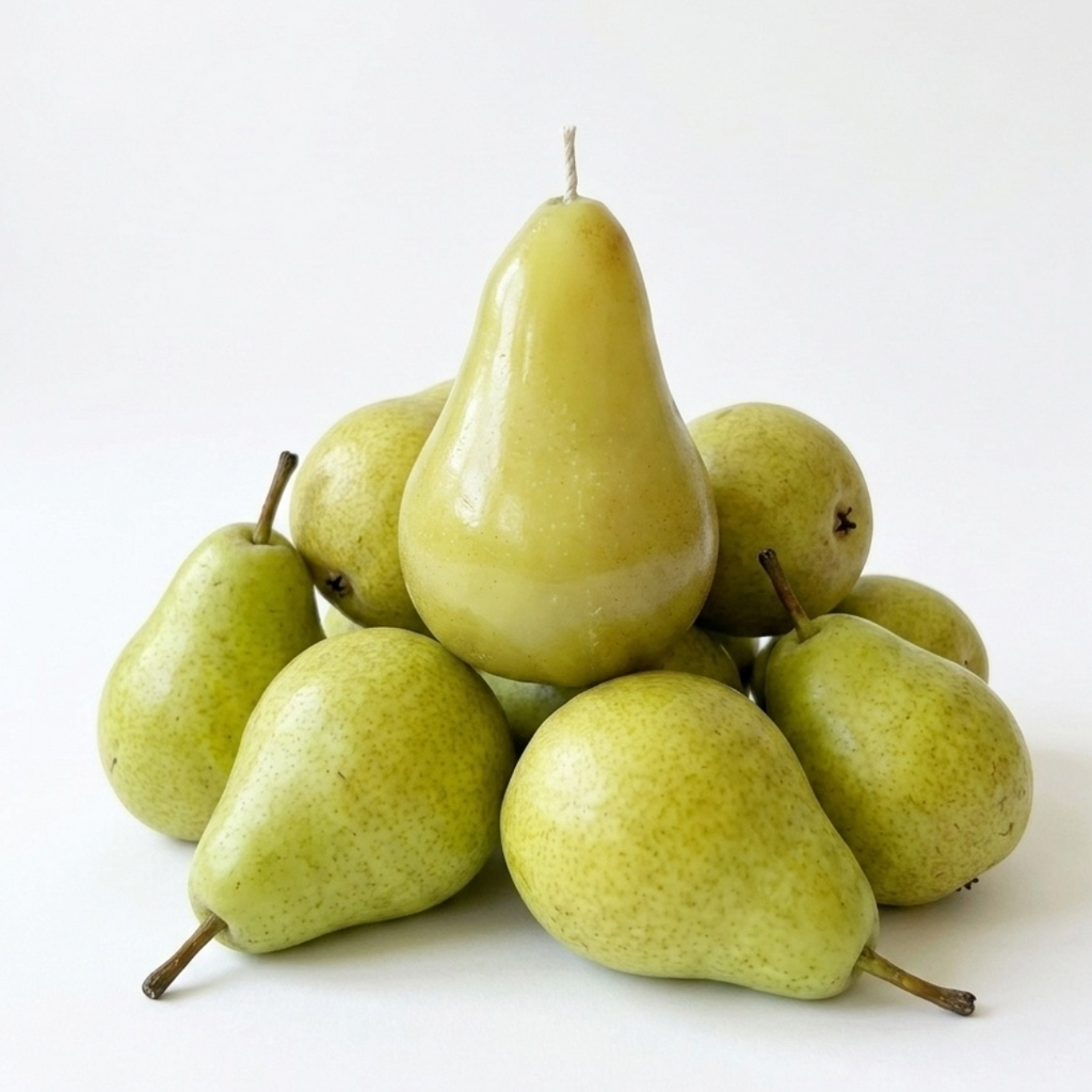 A novelty candle shaped like a pear, styled with several real pears around it on a clean white background.