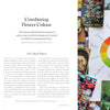 An open book spread showing a page titled 'Combining Flower Colour' with text, a color wheel, and a collage of floral artwork and paint swatches on the right.
