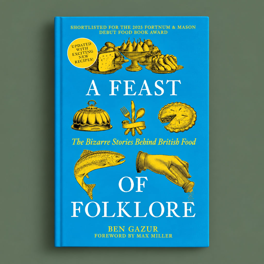 Book cover for 'A Feast of Folklore' by Ben Gazur, featuring a bright blue background with yellow illustrations of British food and dishes, including pies, a cake, a fish, and a hand holding a bottle.