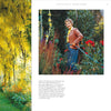 A two-page spread from a book or magazine featuring a vivid garden scene on the left and a color photograph on the right of a woman standing in a flower garden, with caption text below.