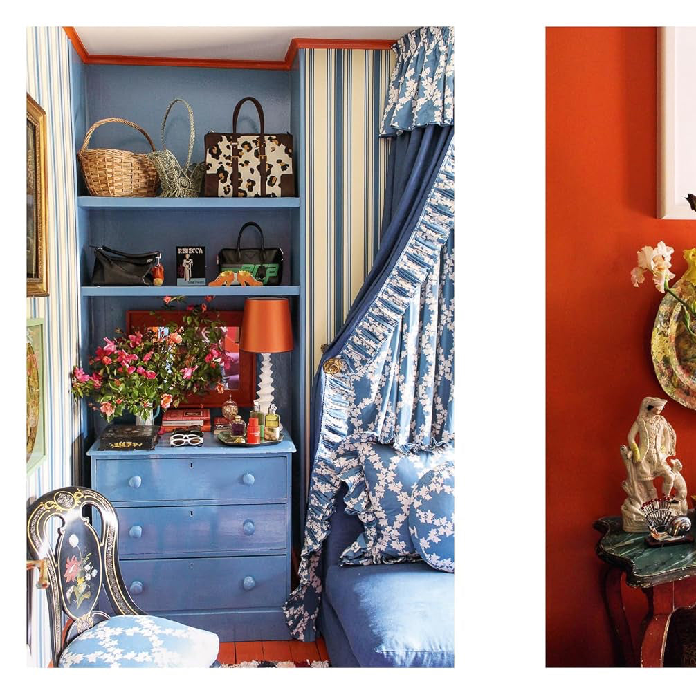 A side-by-side collage of two colorful interior scenes: on the left, a blue bedroom corner with shelves, a blue chest of drawers, striped bedding, and patterned curtains; on the right, a warm orange room with a decorated table, flowers, bottles, and shelving.
