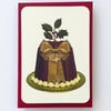 Card with a Christmas pudding design featuring a gold bow and holly on a white background