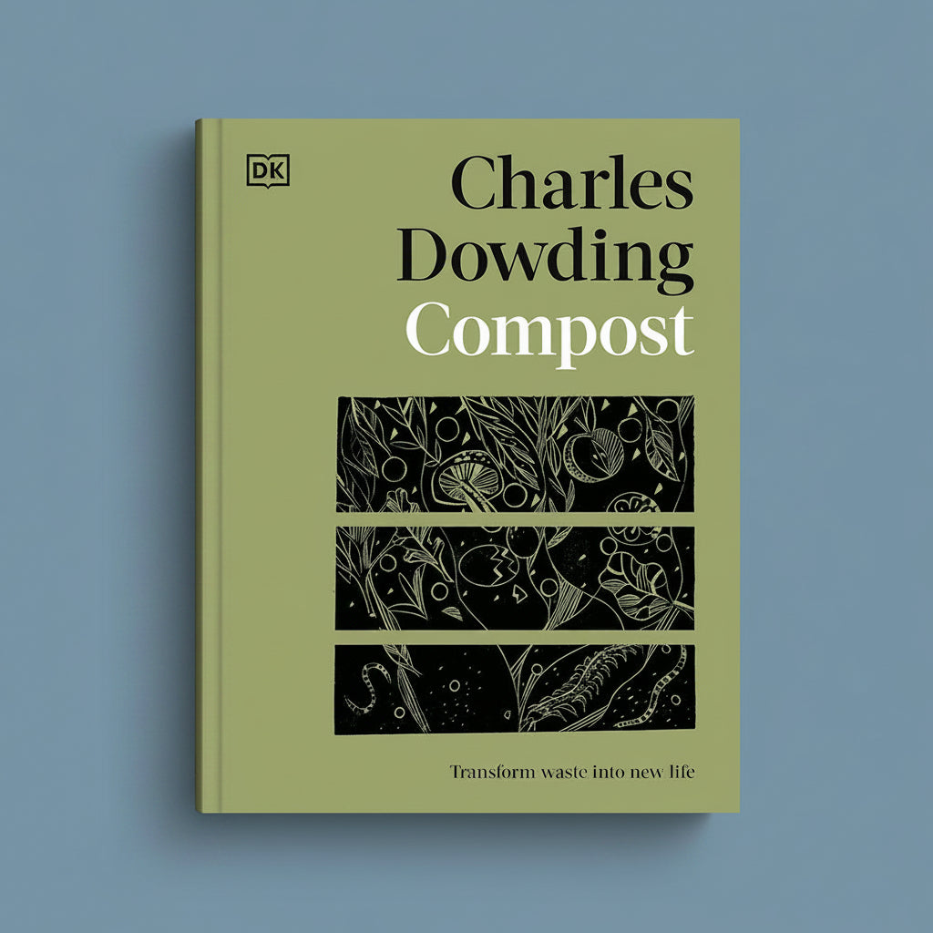 The book cover of 'Compost' by Charles Dowding, published by DK, displayed against a solid slate blue background. The cover features an olive green background with black and white text and three horizontal black panels containing white botanical illustrations.