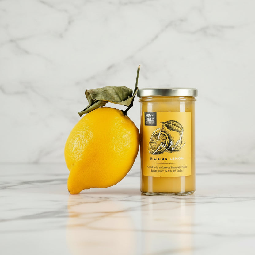 Jar of lemon curd next to a fresh lemon on a wooden surface with a light gray background