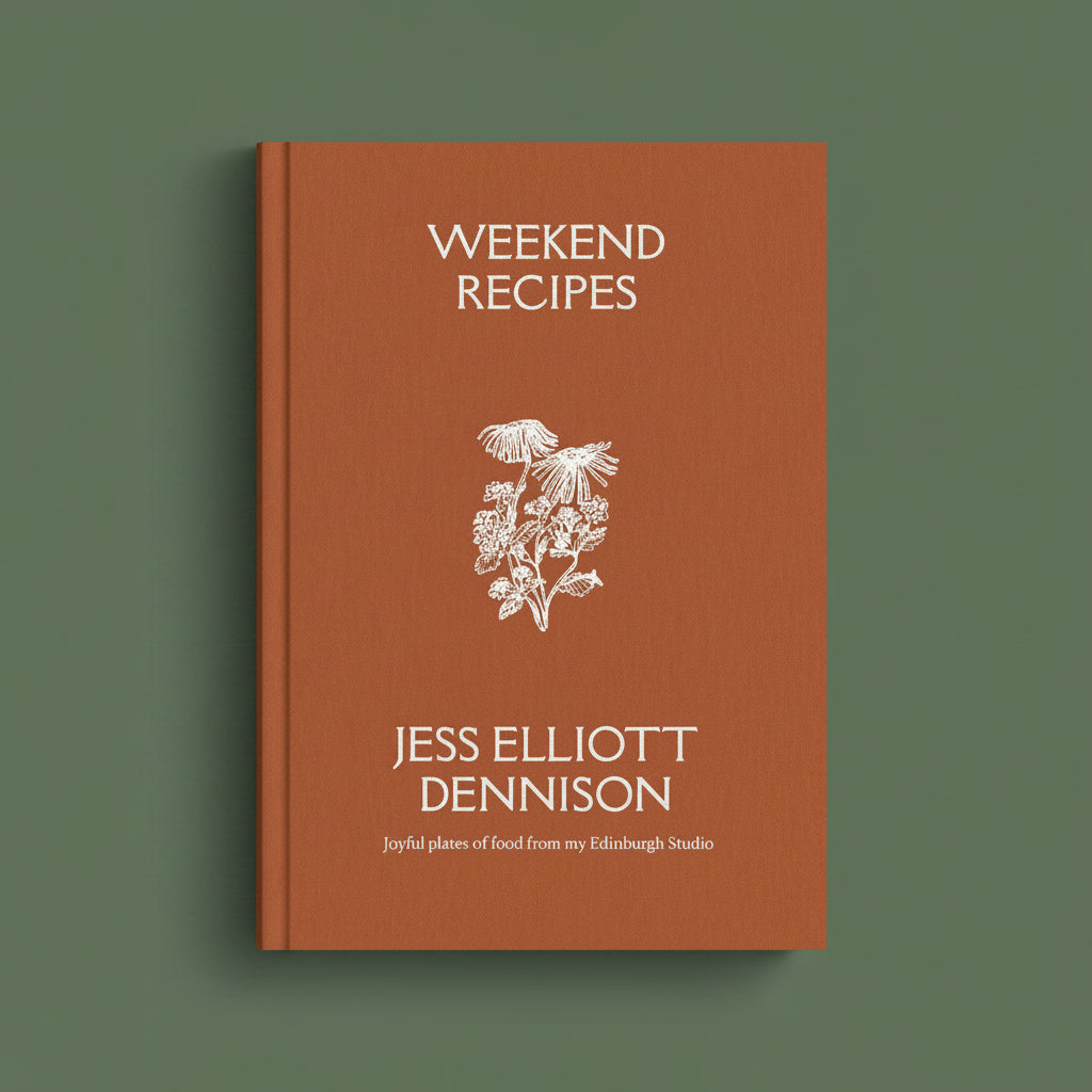 A book cover for 'Weekend Recipes' by Jess Elliott Dennison, featuring a textured terracotta orange background with white text and a white botanical illustration, centered on a muted sage green background.