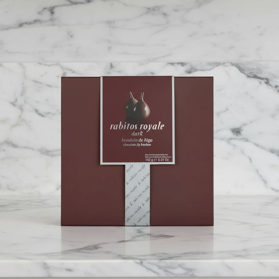 Box of Rabitos Royale dark chocolate with a hibiscus flavor on a white background
