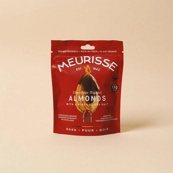 Red package of Meurisse almonds on a beige background