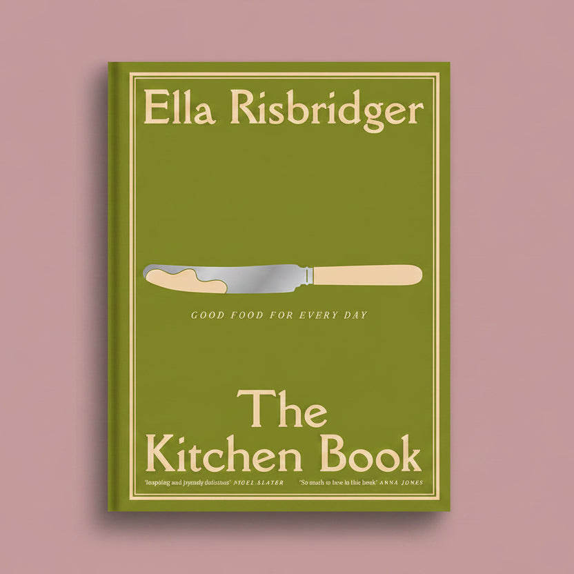The front cover of the book 'The Kitchen Book' by Ella Risbridger, featuring an olive green background with cream text and a simple illustration of a knife with a beige pat of butter on a dusty pink background.