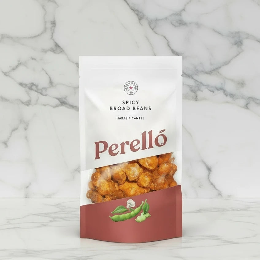 Perello spicy broad beans packaging on a white background