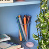 Colorful pencils in a clear cup on a blue shelf with books and decorative items.