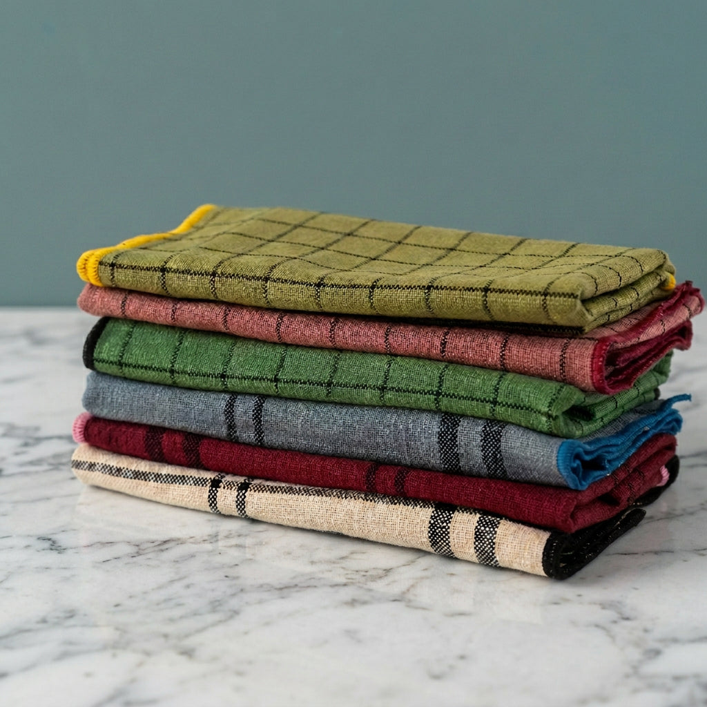 A stack of six folded plaid blankets in various colors, including olive green, dusty rose, forest green, slate blue, burgundy, and cream, set against a plain light gray background.