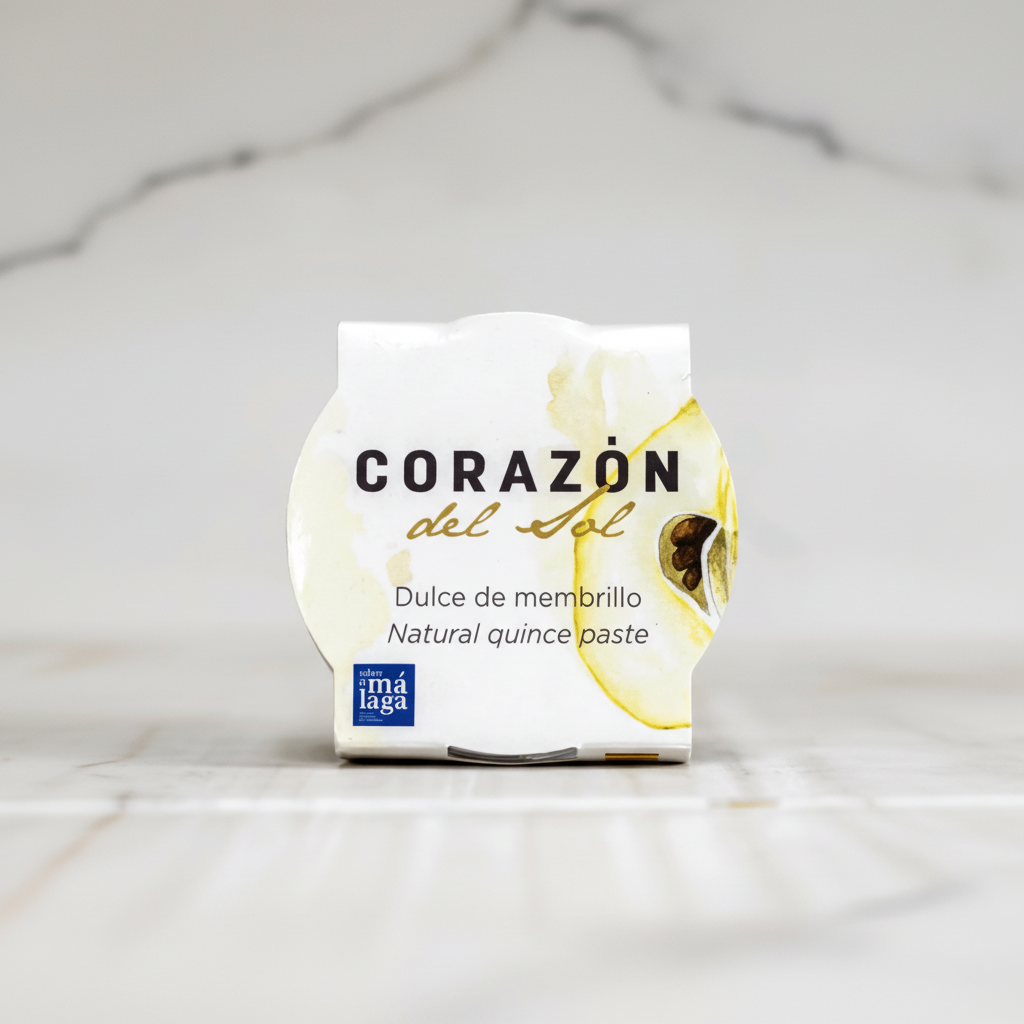 Packaging of Corazon del Sol natural quince paste on a white background