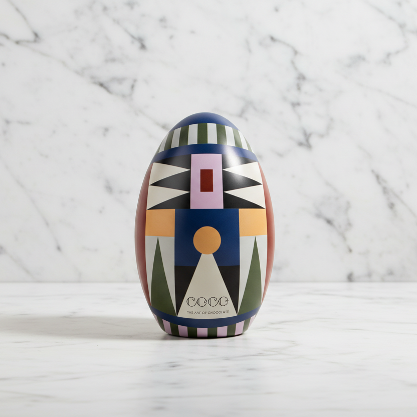 Decorative chocolate egg with geometric pattern on a yellow background