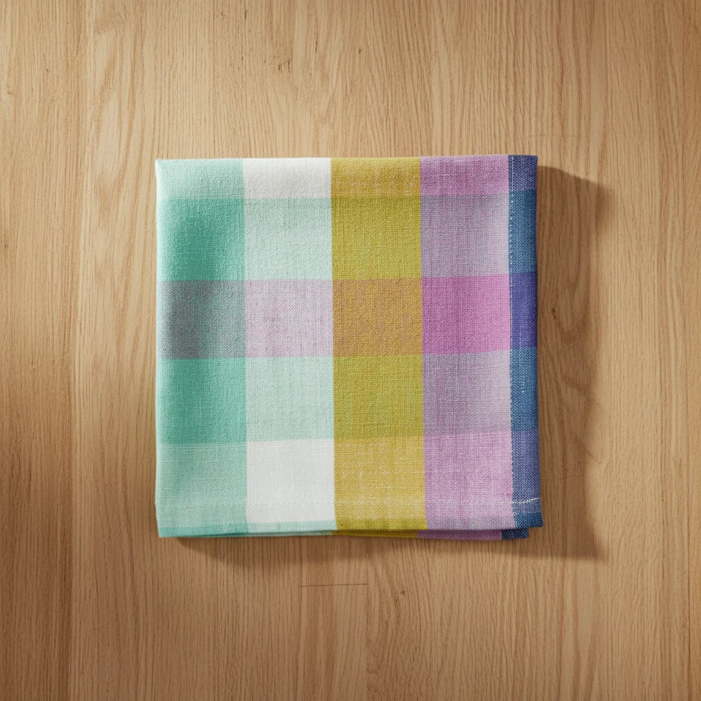 Checkered fabric napkin with pastel colors on a white background