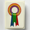 Card with a colorful ribbon design on a white background