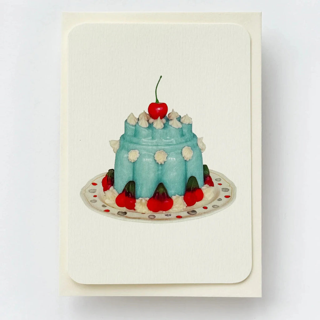Card with a blue cake illustration featuring a cherry on top, on a white background